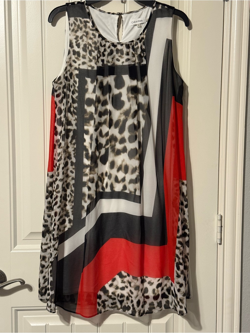 Calvin Klein Red, Black, White & Leopard Print Sleeveless A-Line Dress